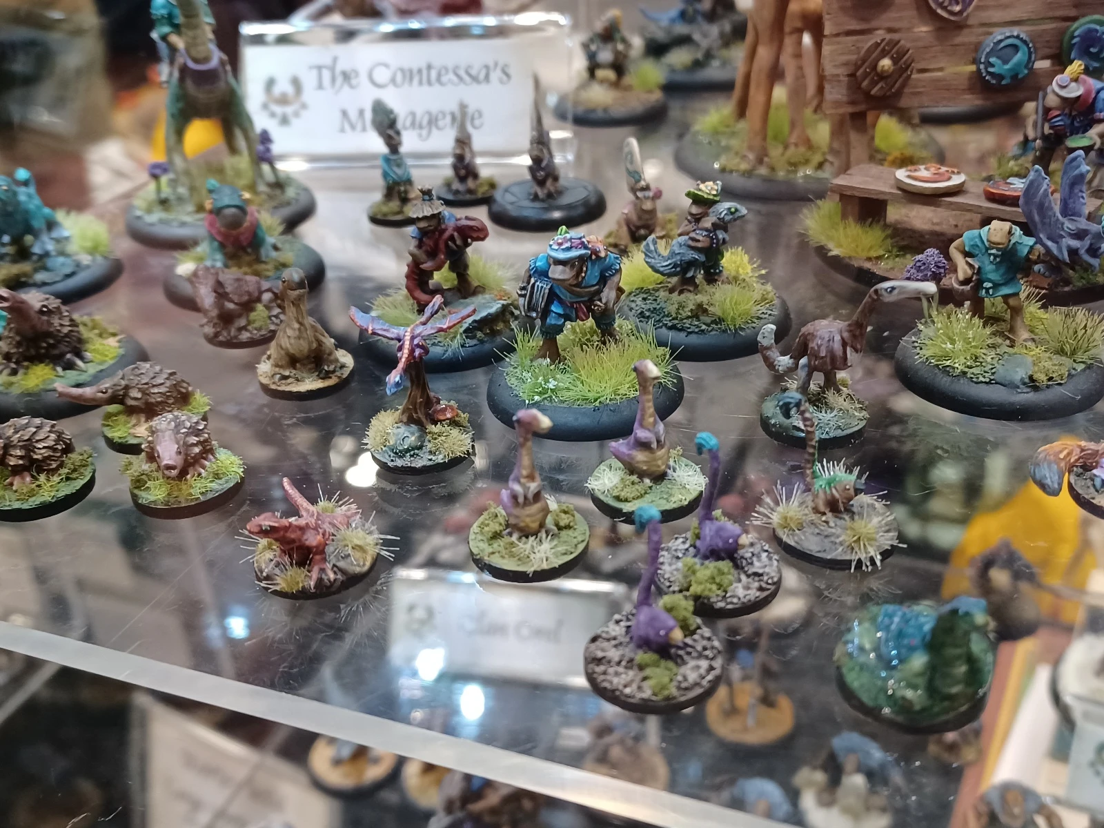 A diverse array of fantasy miniatures is displayed, featuring various anthropomorphic characters and creatures. In the foreground, small figures include a frog-like warrior in blue armor, several colorful, small dinosaurs, and whimsical man-eating plants, all set on bases with tufts of grass. The background showcases larger figures, including a tall creature and a sign reading