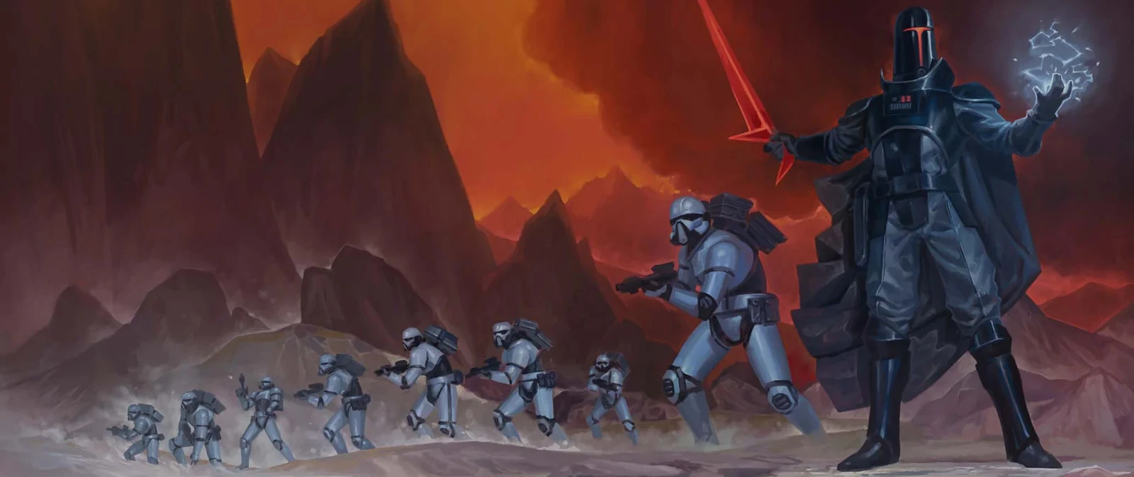 A dark-clad figure stands prominently in the foreground, wielding a glowing red sword in one hand and crackling energy in the other, exuding a commanding presence. Behind this figure, two armored soldiers in gray uniforms advance, one aiming a weapon while the other appears to be in a defensive stance. The background features a dramatic landscape with fiery red skies and jagged mountains, enhancing the sci-fi atmosphere of the scene.