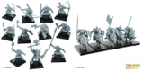 A collection of ten grey plastic orc miniatures is displayed on black bases, showcasing various poses and weapons. The orcs are equipped with a mix of weapons, including bows, swords, axes, and shields, highlighting their battle-ready stance. Each figure features distinct facial expressions and armor details, emphasizing their fierce and aggressive nature.