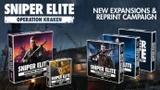A promotional image features two game boxes for the Sniper Elite tabletop game. The larger box on the left is titled "Sniper Elite: Operation Kraken," showcasing a character holding a rifle against a backdrop of a war-torn setting. The smaller box on the right is labeled "Sniper Elite: Escalation," depicting a different character with a firearm. The background includes industrial elements, suggesting a gritty atmosphere, with rain adding to the dramatic effect.
