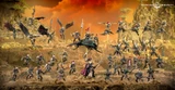 A dynamic display of Drukhari miniatures showcases a variety of figures, including the prominent Archon Lady Malys in the foreground, wielding a barbed longsword. Surrounding her are several lethal lieutenants and warriors, each adorned with intricate armor and weapons, set against a dramatic backdrop of rocky terrain and a fiery sky. The scene captures the essence of the Drukhari's dark and menacing aesthetic, highlighting their agility and deadly prowess in battle.