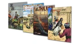 A collection of four wargaming rule booklets is displayed, showcasing their colorful covers. From left to right, the titles include "Never Mind the Matchlocks," featuring a knight and soldiers, "Valour & Fortitude," depicting a large battle scene, "Thalassa," illustrating an ancient naval battle with a ship, and "Assassins and Templars," which features characters in a historical setting. Each booklet is designed to cater to different gaming themes, from the English Civil War to Napoleonic battles and ancient naval warfare.
