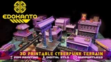 A vibrant display of cyberpunk-inspired 3D printable buildings showcases a variety of structures, including a large three-floor building with a distinctive roof and smaller mid-sized buildings with intricate details. The scene features a mix of purple and blue hues, with elements like bridges and signage enhancing the futuristic aesthetic. Prominent text at the bottom highlights the campaign's focus on FDM printing and digital STL files, emphasizing its accessibility for tabletop gaming.