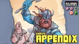 A muscular giant with a long red beard and a horned helmet wields a large weapon, showcasing a fierce expression. He is dressed in armor adorned with spikes and is set against a light-colored background that suggests a fantasy landscape. The title "GARY'S APPENDIX" is prominently displayed at the bottom in bold yellow letters, accompanied by icons indicating its compatibility with Old-School Essentials.