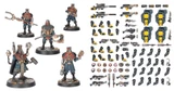 A detailed assortment of miniature components for tabletop gaming, featuring various weapons, arms, and heads designed for use in the Necromunda setting. The items include rifles, pistols, grenades, and melee weapons, alongside mechanical parts and accessories. The color scheme predominantly features black with yellow and green accents, showcasing a mix of futuristic and industrial designs suitable for character customization.