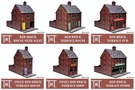 A collection of six 28mm scale MDF buildings is displayed, featuring a red brick design. The buildings include a "Red Brick House with Alley," "Red Brick Terrace House," "Red Brick Terrace Pub," "Small Red Brick Terrace House," "Small Red Brick Terrace Shop," and "Red Brick Terrace Store." Each building showcases distinct features, such as varying door colors and signage options, suitable for various historical genres.