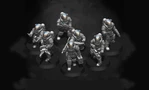 A group of six sci-fi miniatures, each wearing detailed space suits with reflective helmets, is arranged on circular bases. The figures are posed in various stances, some holding weapons while others appear to be gesturing or preparing for action. The miniatures are rendered in a monochromatic color scheme, highlighting their intricate designs and features.