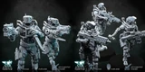 Three futuristic military robots are displayed in a dynamic arrangement, each featuring a slim, minimal steel frame with articulated joints. The robots are equipped with heavy assault rifles and one is holding a drone, showcasing a variety of poses and head designs. The models have a modernist aesthetic, suitable for settings in modern warfare, post-apocalyptic, cyberpunk, or sci-fi games, with a dark background enhancing their striking appearance.