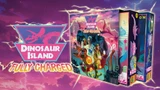 A vibrant and colorful display features the box art for "Dinosaur Island: Fully Charged," prominently showcasing the game's title in bold pink lettering. The artwork depicts a lively scene with characters interacting with dinosaurs, set against a tropical backdrop filled with palm trees and a dramatic sky. To the right, additional game boxes are visible, hinting at expansions or related content, all framed by a dynamic, electrifying design.