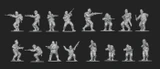 A collection of 28mm scale miniatures representing American soldiers from World War II is displayed, featuring various poses and stances. The figures include Airborne paratroopers, Rangers, and other military personnel, all intricately detailed and rendered in a metallic finish. The arrangement showcases multiple soldiers aiming weapons, gesturing, and preparing for action, highlighting the diversity of the U.S. armed forces during the 1944 campaign to liberate France.