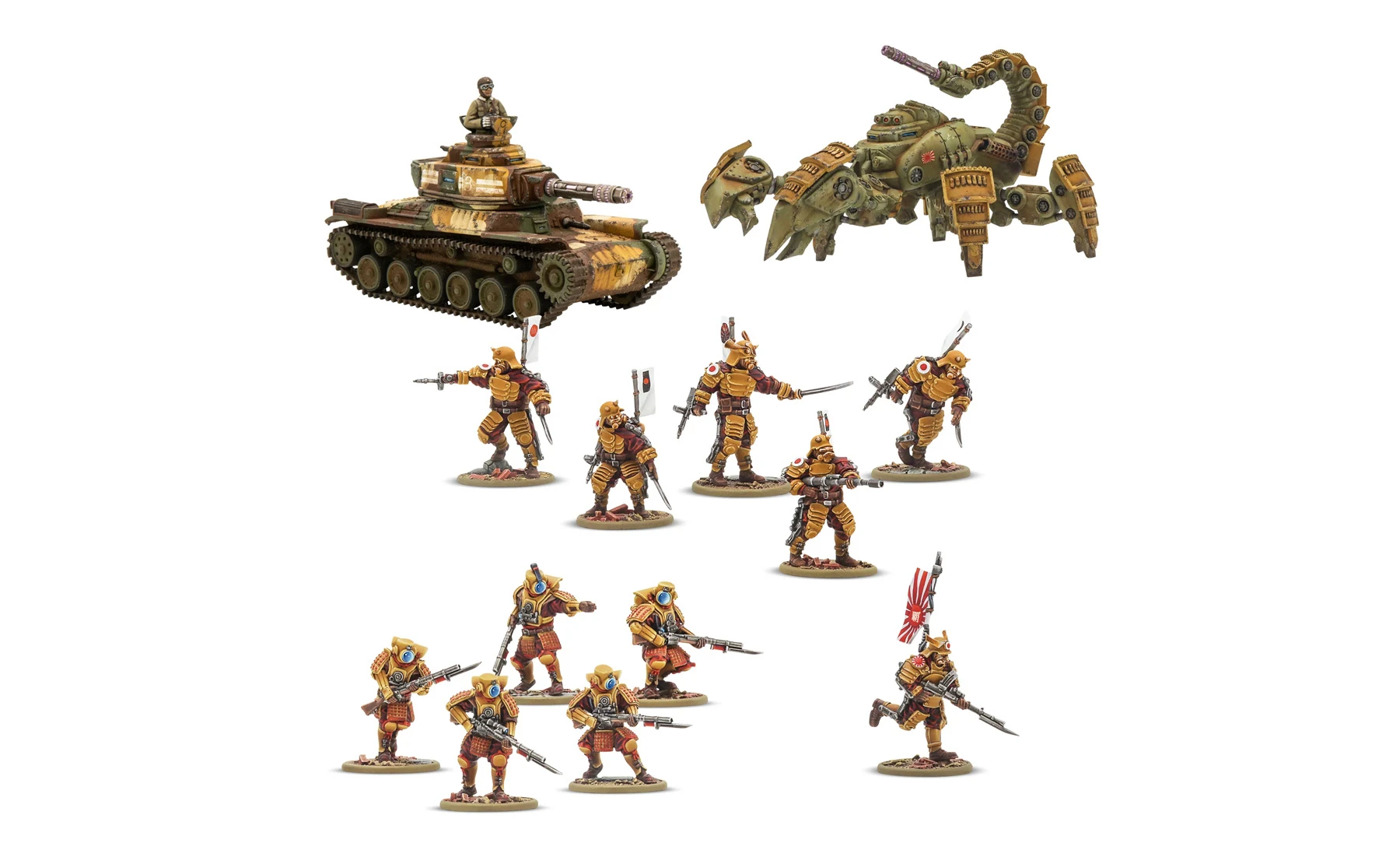A collection of miniatures from the Japanese starter set for Konflikt '47 features a Type 97-Kai Shiboru Chi-Ha medium tank in the background, painted in a camouflage pattern with a crew member visible on top. In the foreground, several Ghost Attack infantry figures are displayed, wearing distinctive yellow and brown powered armor, each equipped with weapons and some holding flags. The figures are arranged in a dynamic pose, showcasing their unique designs and details.