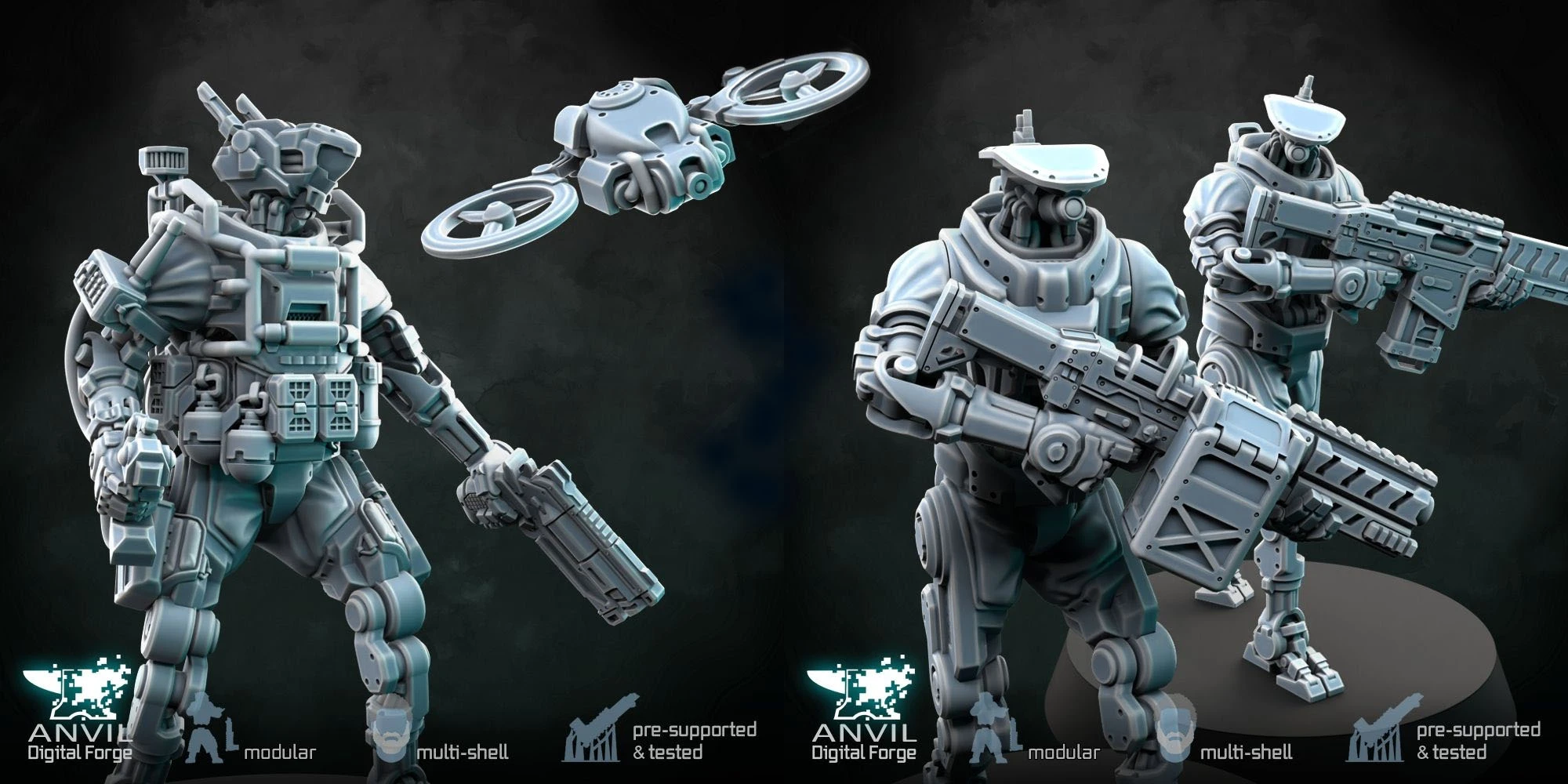 Two futuristic military robots are prominently displayed, each featuring a slim, minimal steel frame with a modernist aesthetic. One robot is holding a heavy assault rifle, while the other is equipped with a drone, showcasing a variety of dynamic poses. The models are designed with modular components and detailed features, set against a dark background that emphasizes their sleek design.