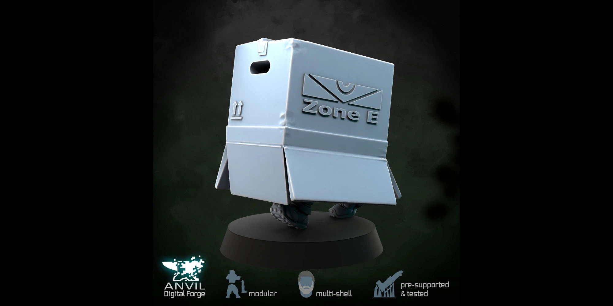 A stylized model of a futuristic military robot, resembling a boxy, minimalistic design, is displayed against a dark background. The robot features a smooth, white exterior with the word 