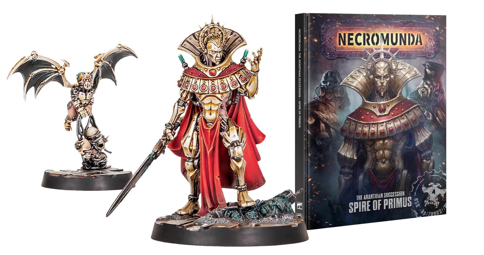 A detailed miniature of Ozostium Aranthus, adorned in ornate armor with a red cape and intricate gold detailing, stands prominently on the left. To the right, the book titled 