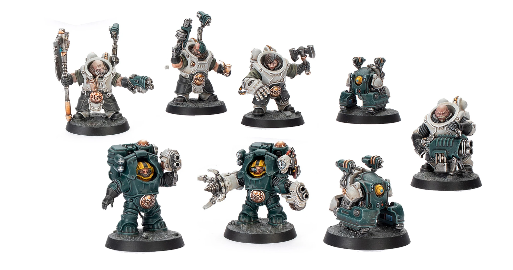A collection of miniatures from the Necromunda universe features various Ironhead Squats, showcasing their distinct designs and equipment. The figures include two Exo Masters, two Charter Masters, two Drill Masters, and two Techmite Autoveyors, all intricately detailed with a mix of armor and tools. The miniatures are set against a simple gray base, emphasizing their colorful and unique features.