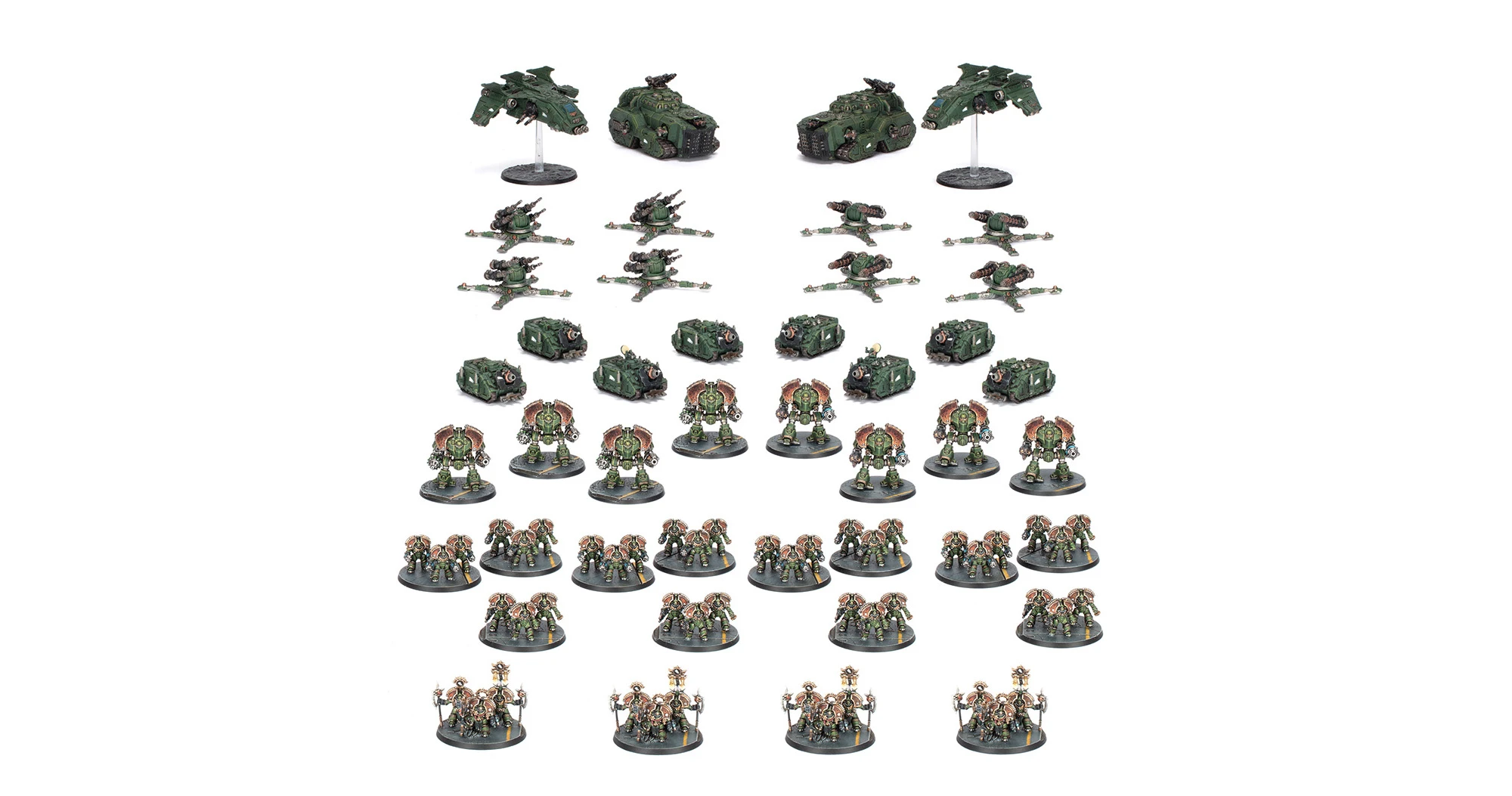 A detailed arrangement of miniatures from the Warhammer 40,000 universe, featuring a variety of units in a cohesive green and metallic color scheme. The collection includes several vehicles, such as tanks and gunships, alongside multiple infantry models, including Dreadnoughts and Terminators, all displayed on circular bases. The layout showcases the diverse components of a Saturnine Battle Group, emphasizing the intricate designs and details characteristic of Games Workshop miniatures.