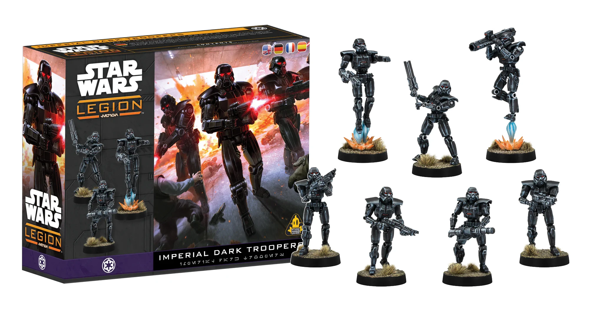 A box set for the Imperial Dark Troopers from Star Wars: Legion is prominently displayed, featuring dynamic artwork of the troopers in action against a fiery backdrop. The box includes images of three detailed miniatures, each clad in black armor and equipped with various weapons, standing on scenic bases. The packaging features multilingual text and the Star Wars logo, emphasizing the set's connection to the franchise.