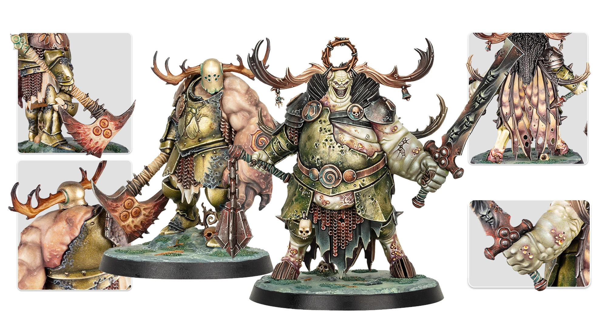 A large, grotesque daemon prince named Gelgus Pust stands prominently, showcasing a muscular, bulbous body adorned with various skulls and intricate armor details. He wields a rusted sword in one hand, while his other hand displays a grotesque, oversized appendage. The figure features moth-like wings and a toothy grin, with a base that includes a textured, green landscape, enhancing the character's menacing presence.