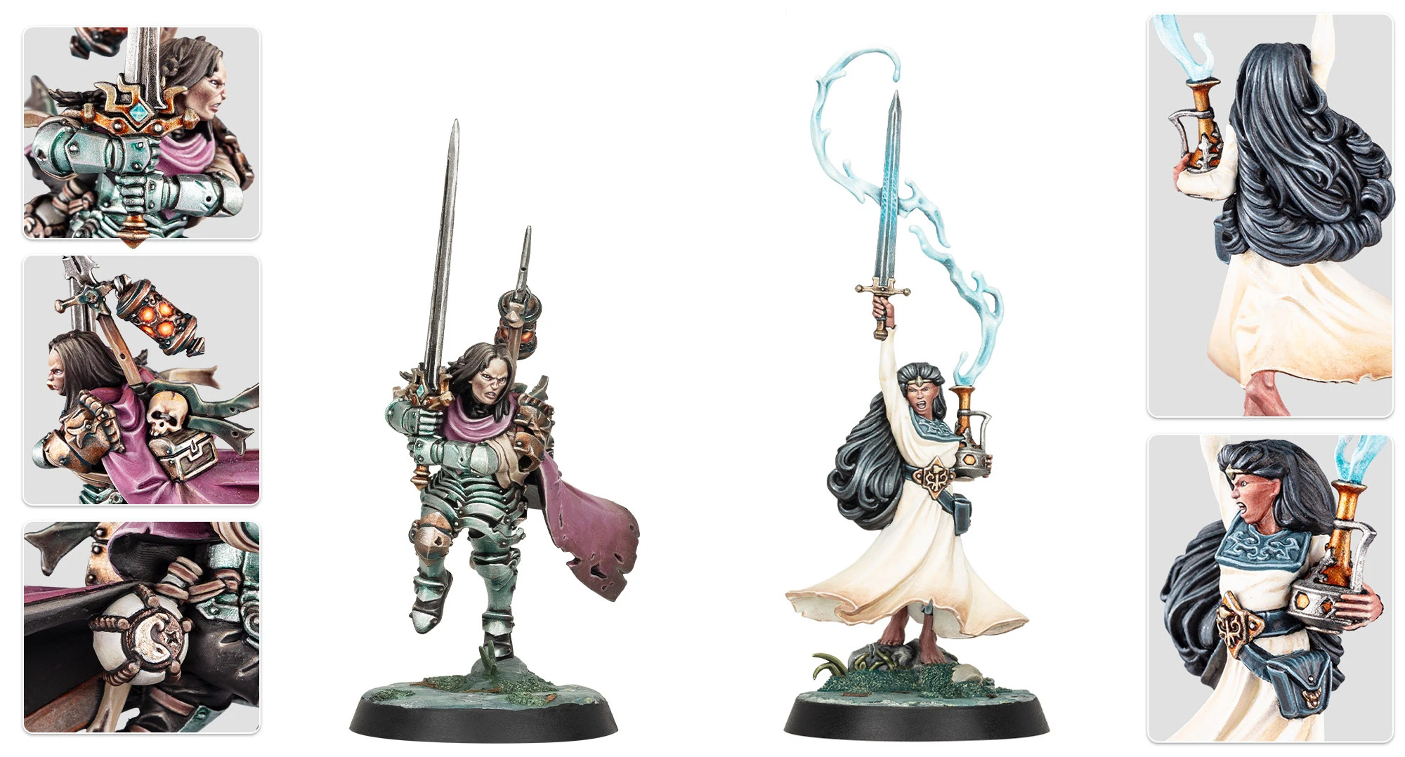 A collection of miniatures from the upcoming board game Warhammer Quest: Darkwater features several characters. In the center, a warrior in ornate armor wields a sword and stands confidently, showcasing intricate details and a flowing purple cape. Flanking this figure are two additional miniatures: one holding a lantern and adorned with various gear, and another with a more whimsical design, hinting at magical elements. Each character is richly detailed, reflecting their unique roles in the game.