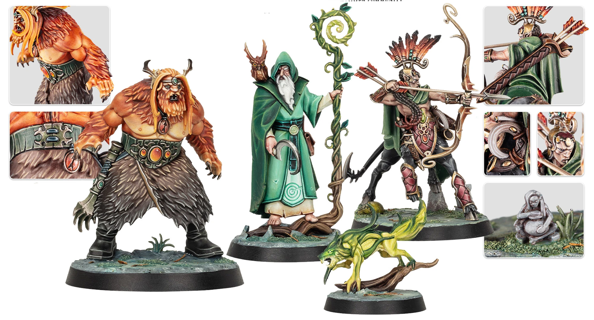 A collection of detailed miniatures from the board game Warhammer Quest: Darkwater features a variety of characters. On the left, a bearded figure with a muscular build and animalistic features stands next to a robed wizard holding a staff. In the center, a warrior adorned with tribal decorations and a bow is flanked by a small, green creature. Each character showcases intricate designs and vibrant colors, highlighting their unique roles in the game.