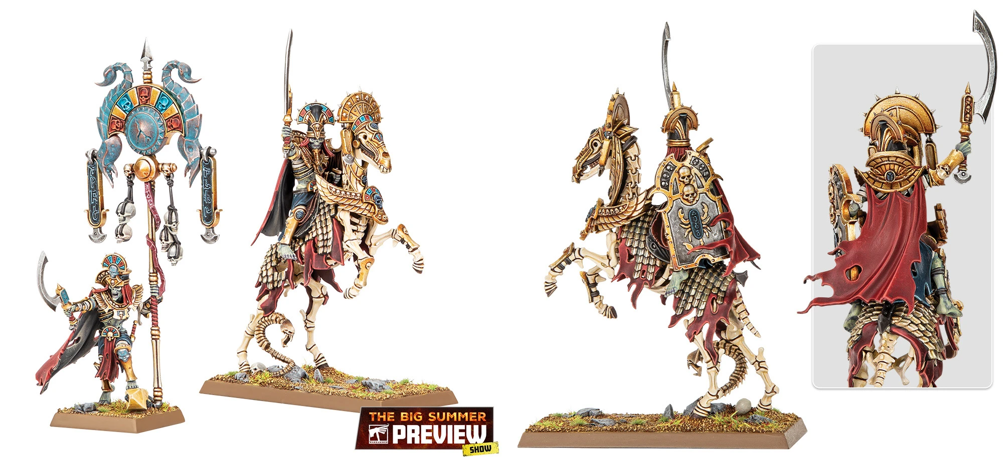 A pair of intricately designed skeletal riders on horseback, representing the Royal Heralds from the Tomb Kings faction. The riders are adorned with ornate armor featuring gold and colorful accents, while their skeletal horses exhibit detailed bone structures. The base is decorated with grass and small rocks, enhancing the overall presentation of these undead miniatures.
