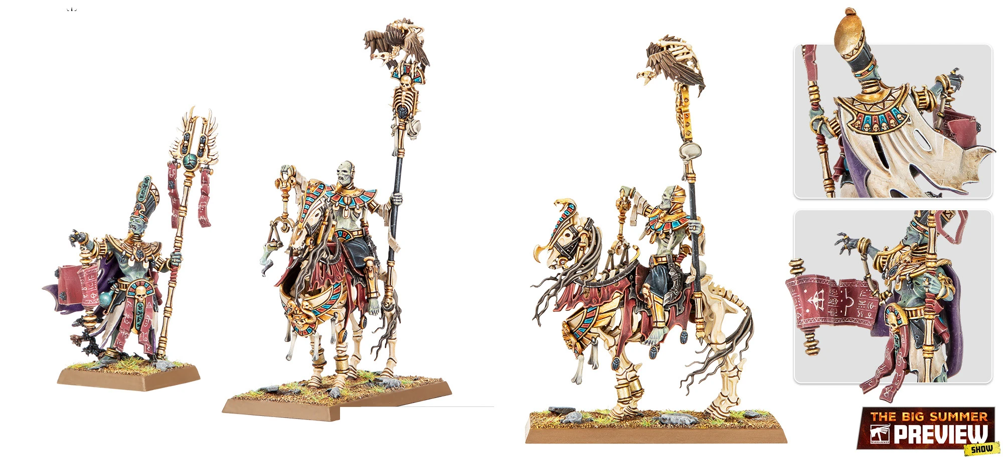 A skeletal figure mounted on a horse, adorned with ancient armor and vibrant decorative elements, holds a staff topped with a bird skull. The horse features a similarly skeletal appearance, with flowing mane and tail, and is draped in tattered cloth. Accompanying details include a close-up of the figure's ornate headdress and a banner displaying arcane symbols, emphasizing the character's role as a Royal Herald in the undead army.