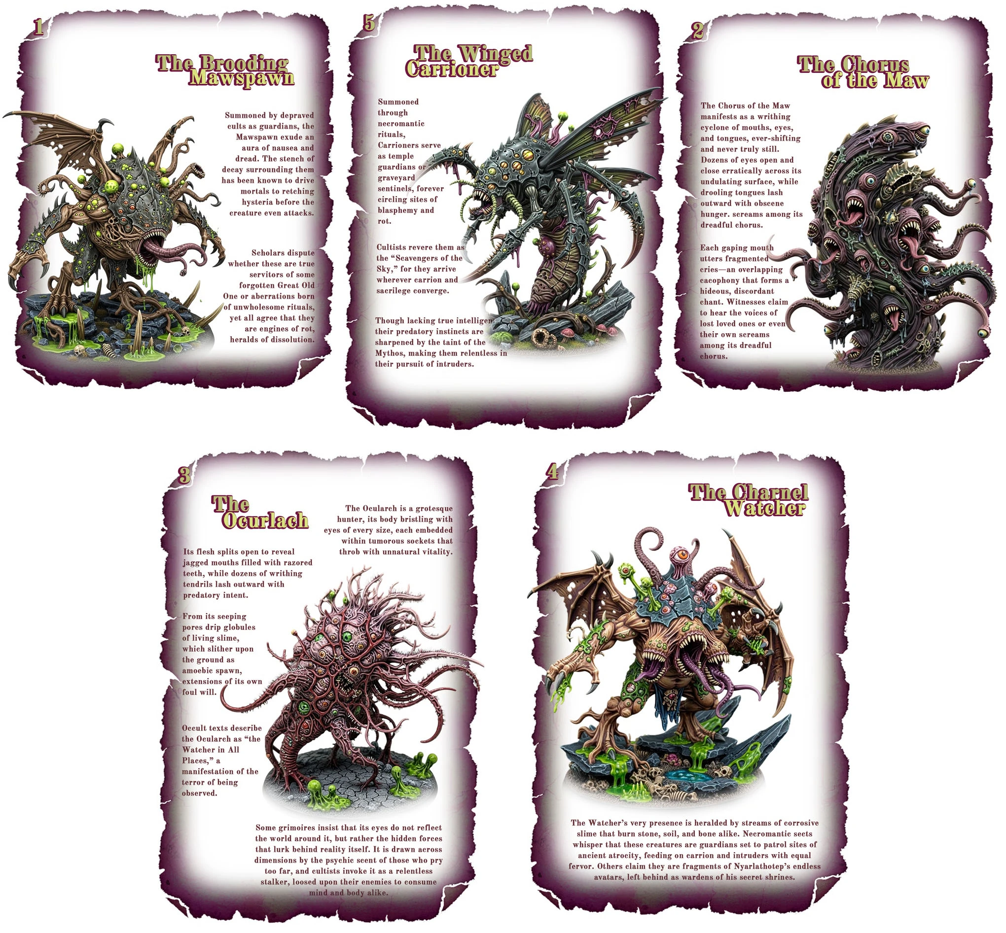 Five characterful and detailed monster miniatures from the "Bestiary of the Forbidden" Kickstarter campaign are displayed, each accompanied by a descriptive text. The miniatures include the Brooding Mawspawn, the Winged Cartorner, the Chorus of the Mew, the Ourlach, and the Ohanrel Watcher, showcasing a mix of grotesque and fantastical designs. Each creature is intricately sculpted, emphasizing their menacing features and unique characteristics, suitable for role-playing games and horror themes.