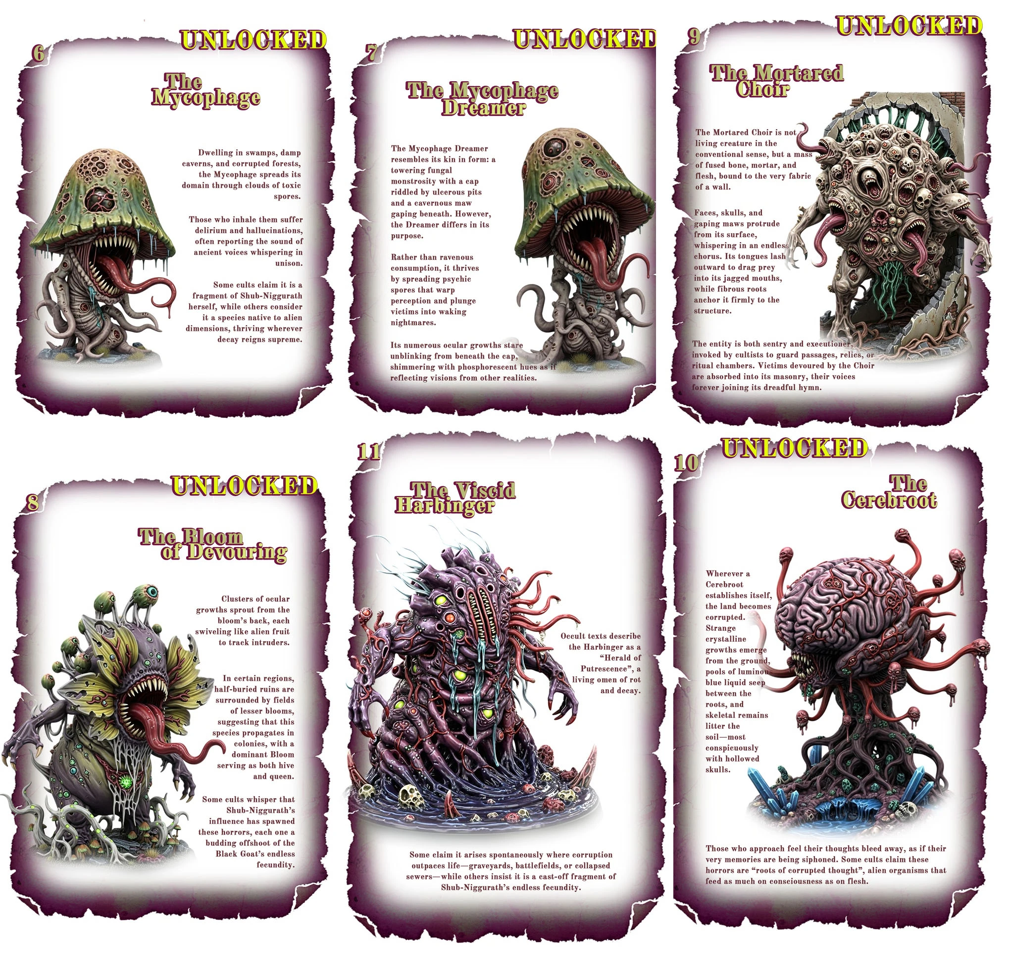 Six characterful and disturbing monster illustrations are displayed, each accompanied by a brief description. The top row features "The Mycophage," a creature resembling a mushroom with tentacles, and "The Mycophage Dreamer," which has a bulbous head and a gaping maw. The bottom row includes "The Bloom of Devouring," a grotesque plant-like entity, "The Viscid Harbinger," with multiple appendages, and "The Coralfroot," characterized by a brain-like structure and tendrils. Each illustration is labeled "UNLOCKED," indicating they are part of the Kickstarter campaign for the "Bestiary of the Forbidden."