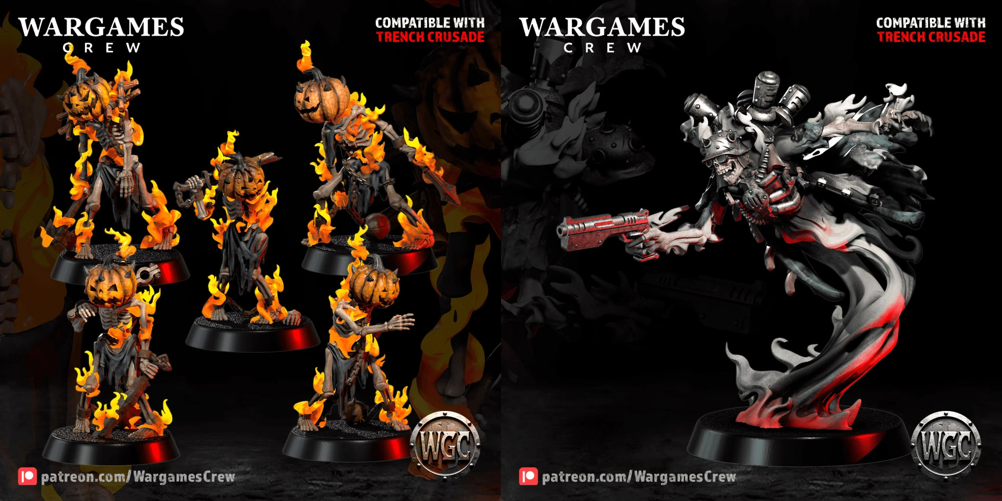 A collection of miniatures features undead figures with pumpkin heads and fiery effects, showcasing a Halloween theme. The models are depicted in various poses, with flames accentuating their skeletal forms and tattered clothing. The background includes a stylized logo for Wargames Crew, emphasizing compatibility with the 