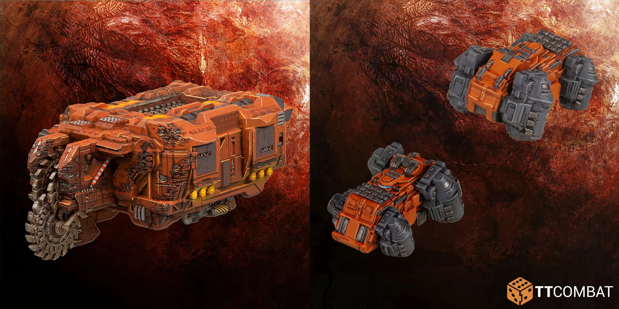 Two miniature vehicles are displayed against a textured, reddish-brown background. The vehicles feature a rugged design with a combination of orange and dark gray colors, showcasing various mechanical details and textures. The bottom right corner includes the TTCombat logo, indicating the brand associated with these miniatures.