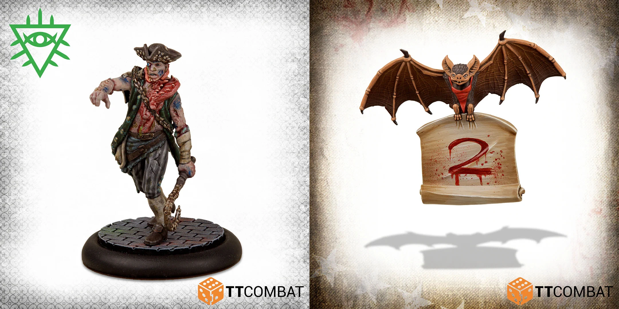 A pirate-themed miniature stands on the left, featuring a character with a bandana, a red scarf, and a weapon, set against a textured background. On the right, a small bat-like creature perches atop a sign with a blood-red mark, adding a whimsical yet eerie touch. The TTCombat logo is visible in the lower corner, indicating the source of these exclusive miniatures.
