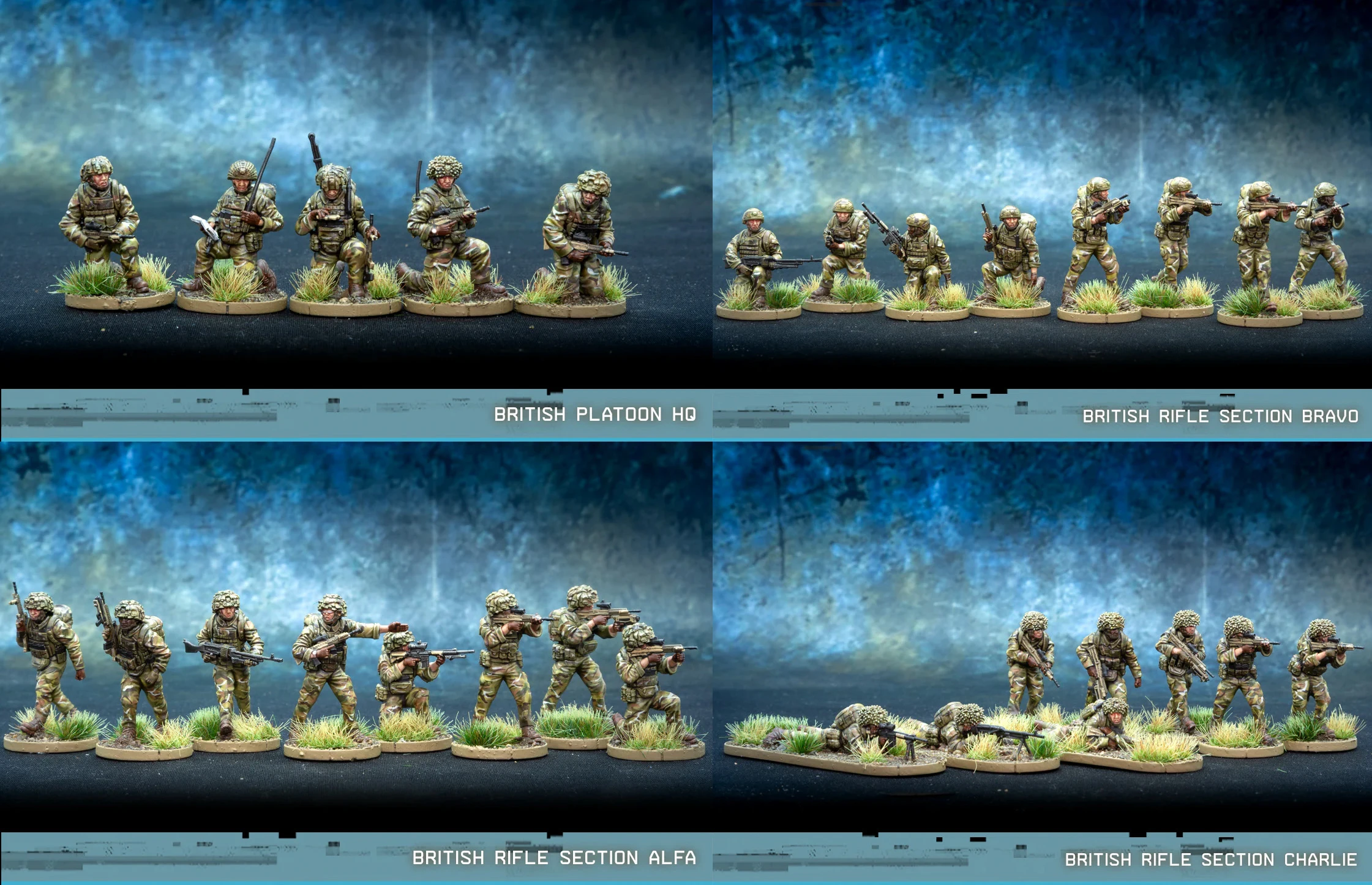 A collection of British army miniatures is displayed, featuring two groups: the British Platoon HQ at the top and the British Rifle Section Alfa at the bottom. Each figure is intricately detailed, showcasing soldiers in modern combat gear, posed with various weapons and equipment, set against a textured blue background. The bases are adorned with tufts of grass, enhancing the realistic appearance of the miniatures.