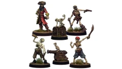 A set of five miniatures features a quartet of Skeleton Pirates and their companions. The swashbuckling captain stands prominently, dressed in a red coat and tricorn hat, while a skeletal monkey perches on a treasure chest beside him. The crew includes three additional skeletons: one holding a bottle, another brandishing a sword, and the last aiming a pistol, with a skeletal parrot sitting atop a cannon.
