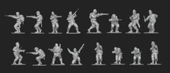 A collection of 28mm scale miniatures representing American soldiers from World War II is displayed, featuring various poses and stances. The figures include Airborne paratroopers, Rangers, and other military personnel, all intricately detailed and rendered in a metallic finish. The arrangement showcases multiple soldiers aiming weapons, gesturing, and preparing for action, highlighting the diversity of the U.S. armed forces during the 1944 campaign to liberate France.