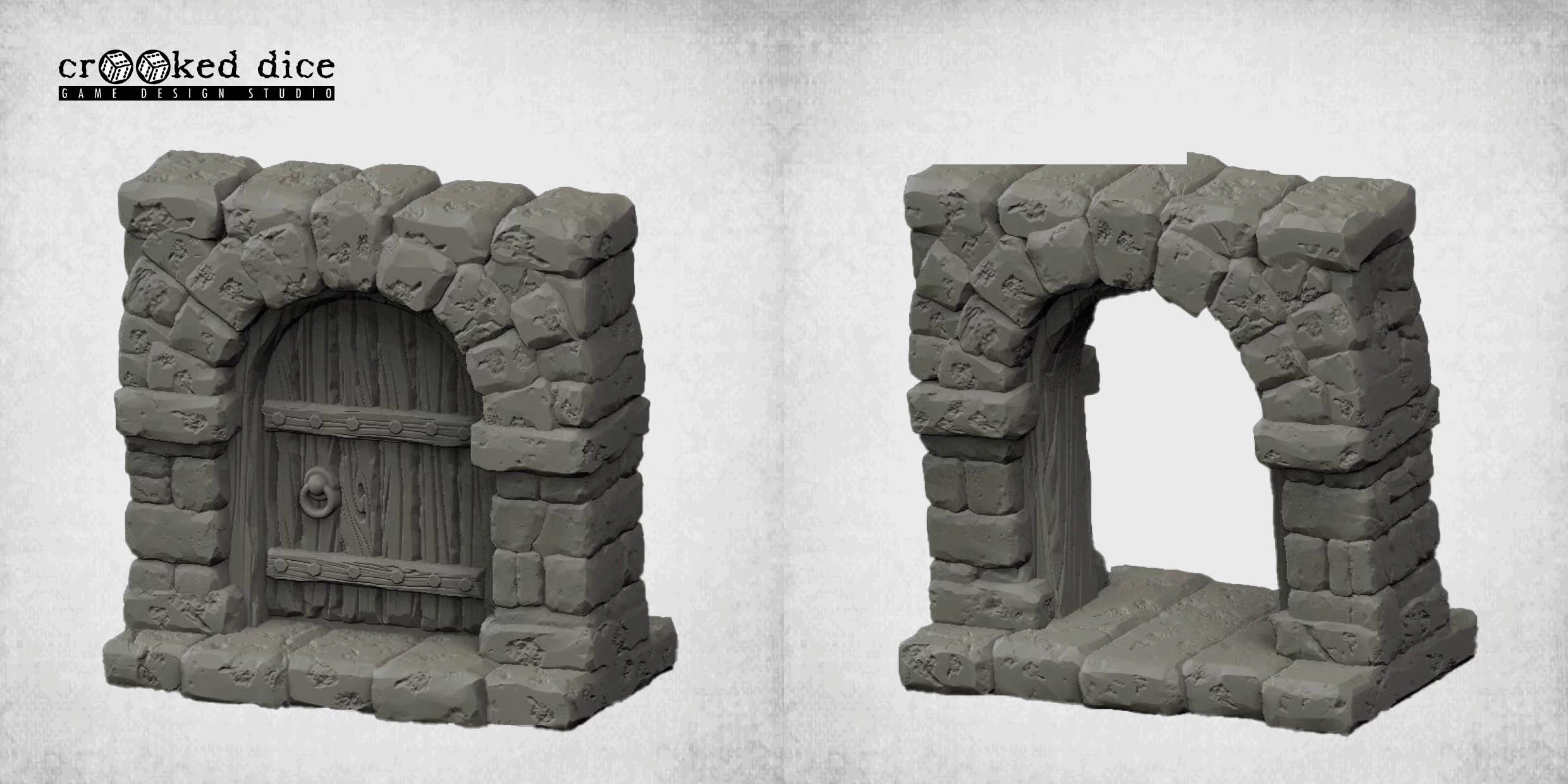A sculpted dungeon block features a stone archway with a wooden door, detailed with a metal handle and horizontal planks. The block is textured to resemble rough stone, with various sizes of stones stacked to create a sturdy appearance. This modular piece is designed for tabletop gaming, allowing for customizable dungeon layouts.