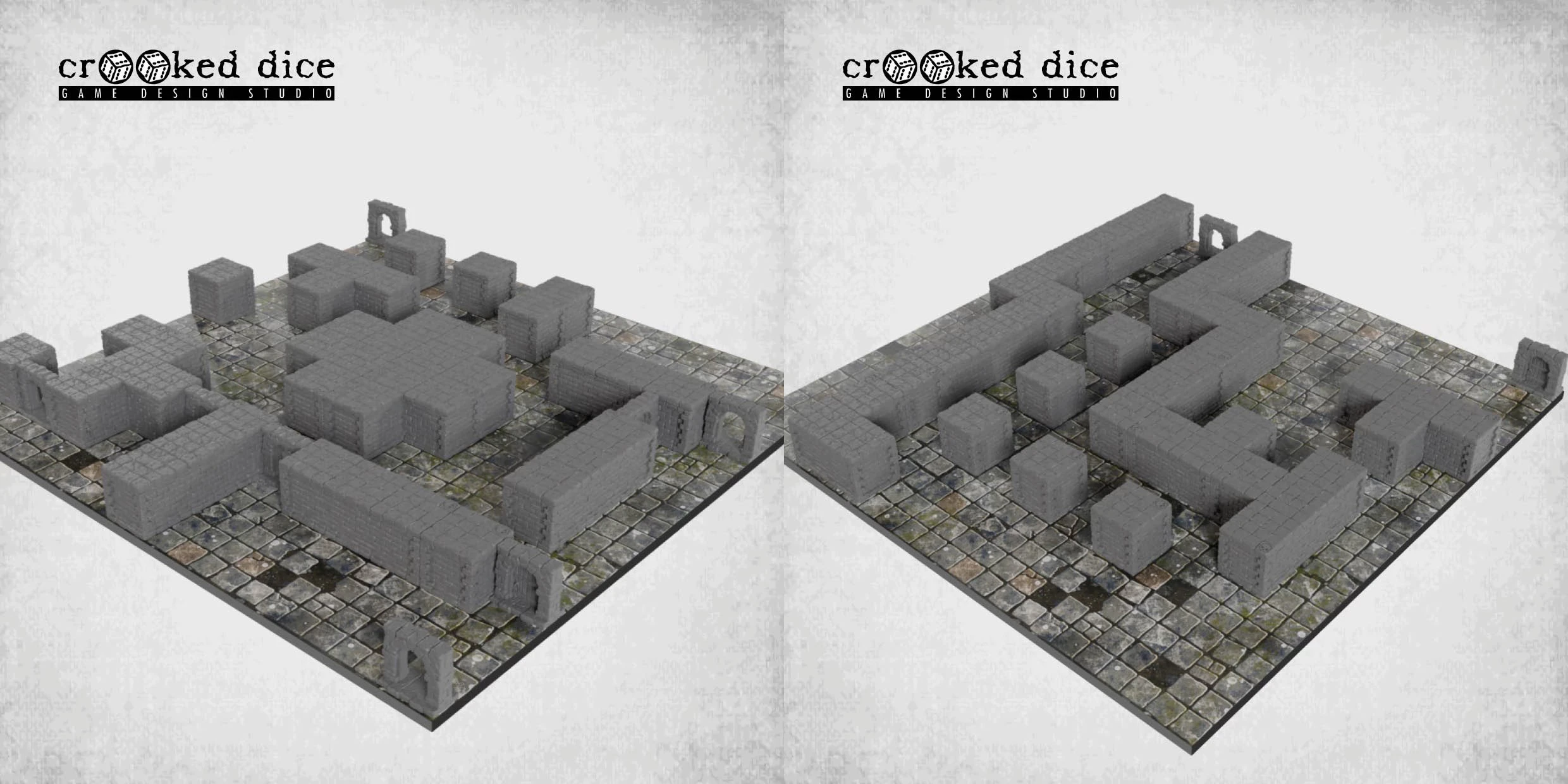 A collection of modular dungeon blocks in various shapes and sizes, all in a gray color, is displayed on a textured flagstone game mat. The blocks are arranged to form walls, rooms, and corridors, showcasing their versatility for tabletop gaming. The scene includes a mix of solid blocks and archways, set against a backdrop of detailed stone flooring.