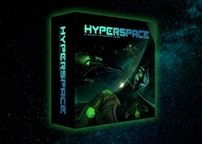 A box for the sci-fi board game "Hyperspace" is prominently displayed against a dark, starry background. The box features bold, glowing blue text of the title "HYPERSPACE" along with the subtitle "A SANDY PETERSEN GAME." The artwork on the box showcases various sleek, futuristic spacecraft in vibrant green tones, suggesting themes of interstellar exploration and competition.