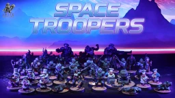 A diverse array of 28mm scale miniatures is displayed, featuring various space troopers, including grunts, ogryns, psykers, and halfling combat chefs, all intricately detailed and dynamic. The miniatures are set against a vibrant cosmic backdrop, with the bold text "SPACE TROOPERS" prominently featured at the top. The scene captures the essence of a sci-fi army, showcasing the unique character and variety of the figures.