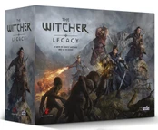 A box cover for "The Witcher: Legacy" features a dramatic scene with several characters engaged in battle against monstrous creatures. The central figure, wielding magic, is flanked by warriors with weapons drawn, set against a backdrop of rugged mountains and a stormy sky. The title "THE WITCHER LEGACY" is prominently displayed at the top, along with the names of the game designer and publisher.