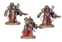 Three Myrmidon Destructor miniatures stand prominently, showcasing their imposing designs. Each figure features a combination of metallic armor and flowing red robes, with intricate mechanical details and various weaponry, including large energy cannons. The miniatures are posed dynamically, emphasizing their role as formidable combatants within the Mechanicum's martial forces.