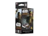 A box for the "Star Wars: Legion Mercenary Card Pack" features striking artwork of two armored characters, reminiscent of bounty hunters, set against a dark background. The box prominently displays the "Star Wars: Legion" logo and includes images of the card contents, with a warning symbol indicating it is an expansion pack. The overall design is sleek and thematic, appealing to fans of the Star Wars universe.