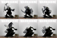 A collection of six 3D models from the Warmachine series is displayed in a grid format. The top row features three Primeval models, each showcasing unique designs with intricate details, including armor and weaponry. The bottom row presents three Feral models, characterized by their beastly forms and dynamic poses, with some featuring wings and distinctive facial features, all set against a simple background.