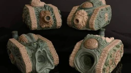 A collection of four unique, grotesque tank models designed for a Chaos army, showcasing a variety of disturbing features such as orifices, boils, and eyeballs. The tanks are sculpted in a mix of green and beige materials, with intricate details on their surfaces, including textured tracks and organic shapes. Each model has a distinct design, emphasizing a visceral aesthetic that aligns with the themes of Chaos in the 41st Millennium.