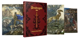 A rich red-and-gold leatherette book titled "Pendragon: Magnum Opus Edition" features ornate designs and a central sword motif, indicating its status as a special collector's edition. Next to it, "Pendragon: The Arthurian Companion - Special Edition" showcases a whimsical illustration of a creature with a leopard-like body and a long, serpentine tail, set against a forest backdrop. The titles are prominently displayed, highlighting their connection to the Pendragon roleplaying game and Arthurian lore.
