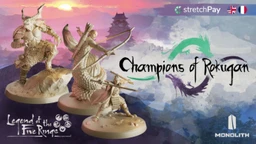 A stylized graphic features the title "Champions of Rokugan" prominently in a bold, artistic font. Below the title, a detailed miniature figure of a samurai is depicted, poised with a weapon, set against a colorful, abstract background that includes shades of blue, pink, and green. The image also includes icons for stretchPay and flags representing the UK and France, along with the Monolith logo in the bottom right corner.