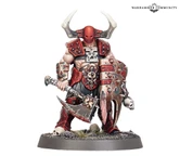 A muscular warrior stands prominently, adorned in red and black armor with sharp spikes and skull motifs. He wields a large, menacing axe in one hand and a shield with jagged edges in the other, both showcasing intricate detailing. His head is covered by a horned helmet, and he stands on a rocky base with sparse grass and skulls scattered around.