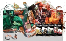 A vibrant illustration features several characters engaged in various activities related to the occult and espionage, set against a backdrop of chaotic office elements and mystical symbols. Prominent figures include a man in a suit with a serious expression, a woman with long hair and a beanie, and a man focused on a computer, all surrounded by swirling graphics that suggest supernatural themes. In the foreground, three books titled "Introduction to Applied Occult Computing," "Black Bag Jobs Reopened," and "Supervisor's Guide" are displayed, showcasing their distinct covers.