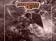 A dynamic illustration features a fierce battle scene from Pathfinder Quest, showcasing a warrior in armor wielding a sword and shield, engaged in combat against a chaotic backdrop of swirling magical energy and monstrous foes. In the foreground, an elf character looks on, adding to the sense of urgency and adventure. The title "Pathfinder Quest" is prominently displayed at the top in a bold, stylized font.