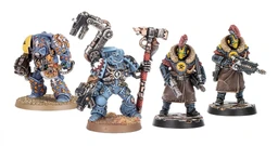 Three miniatures from the Palanite Enforcer Captains & Sergeants set are displayed. On the left, a figure wields a large axe and wears a blue and brown uniform with a fur collar, while the two figures on the right are equipped with firearms and feature distinctive yellow masks and red mohawks. All three are mounted on circular bases, showcasing intricate details in their armor and accessories.