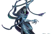 A sleek and dynamic model of the Necron Shard of the Nightbringer, featuring a flowing black and teal cloak that accentuates its ethereal form. The figure wields a large, menacing scythe, with a skeletal face that has a vibrant green mouth, adding to its ominous presence. Surrounding the figure are swirling Scarab swarms, enhancing the character's connection to the Necron lore.
